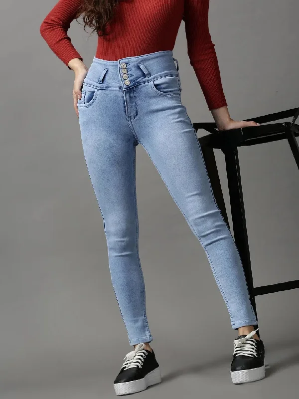 Women's Blue Solid Skinny Fit Denim Jeans-GZ-5319-Blue Fashionable Straight Fit Denim