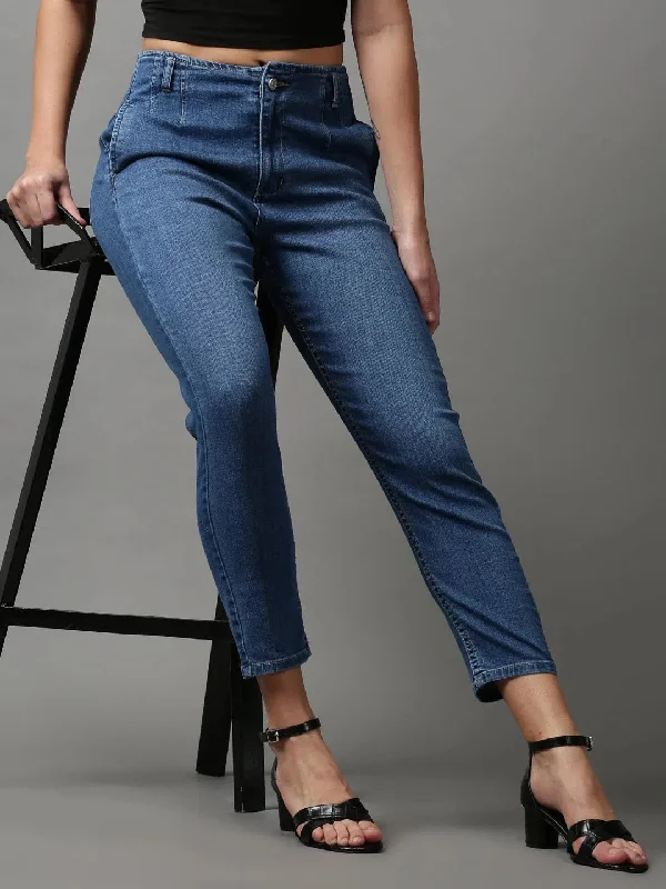 Women's Blue Solid Wide Leg Denim Jeans-GZ-5301-1-Blue Fashionable Slim Fit Jeans