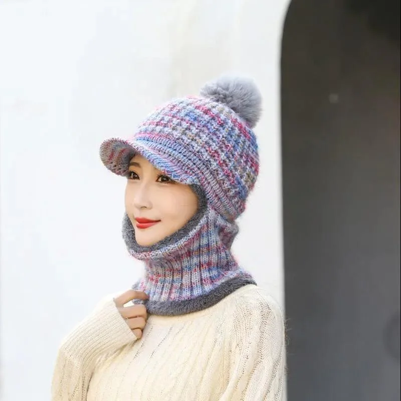 Women's Hat Bib One Piece Autumn and Winter Plus Velvet Knit Hat Cycling Windproof Warm Fur Ball Hooded Cap Neck Sleeve Woolen Scarf Cap Set Hoodie with Ribbed Hem Stretchable Secure