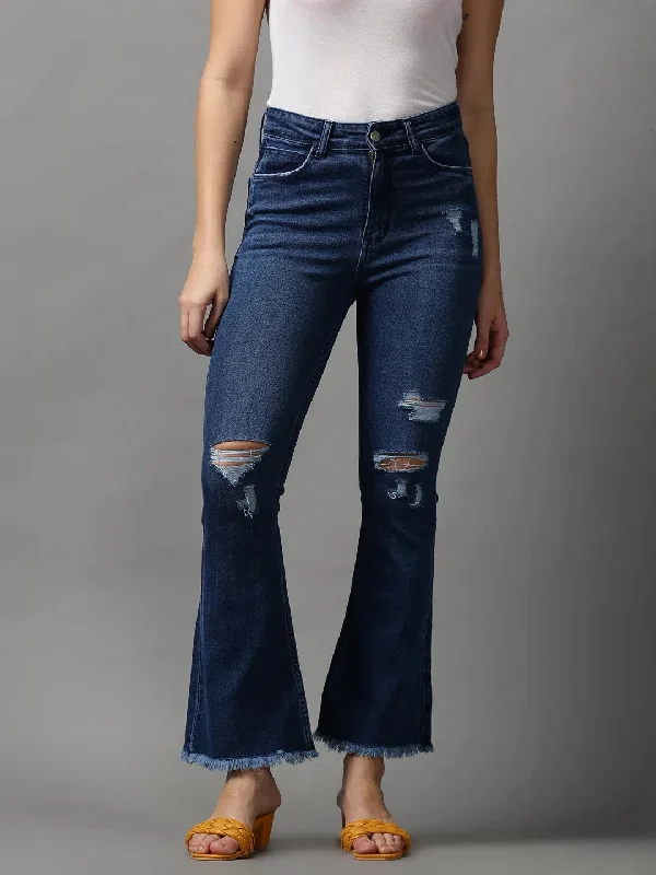 Women's Navy Blue Solid Bootcut Denim Jeans-GZ-5279-Navyblue Stylish Stone-Wash Denim Jeans