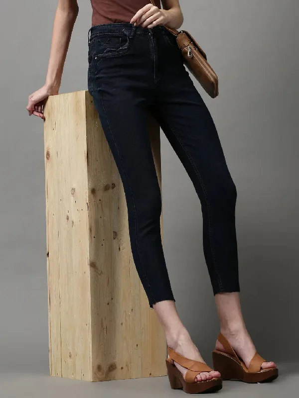 Women's Navy Blue Solid Skinny Fit Denim Jeans-GZ-5189-2-Navyblue Fashionable Raw Edge Jeans