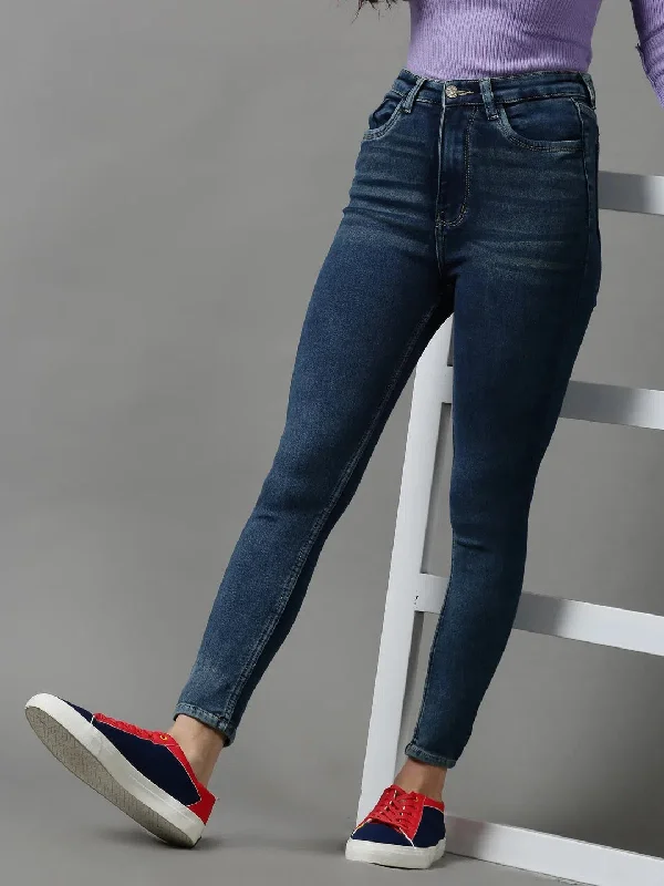 Women's Navy Blue Solid Skinny Fit Denim Jeans-GZ-5287-Navyblue Trendy Layered Pocket Jeans