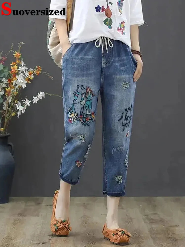 Embroidery Ankle-Length Baggy Jeans Elastic Capris Lace Up Harem Denim Pants Elegant Dark-Wash Bootcut Jeans