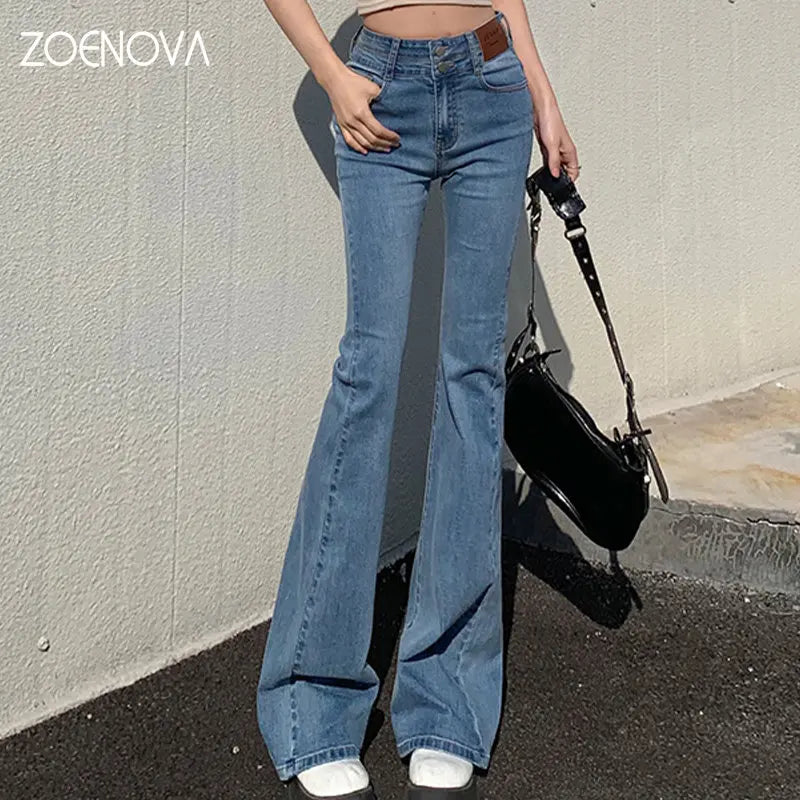 Y2K 2023 Beautiful Bell Bottoms Xshape Women Full Length Jeans Trendy Pleated Waist Jeans