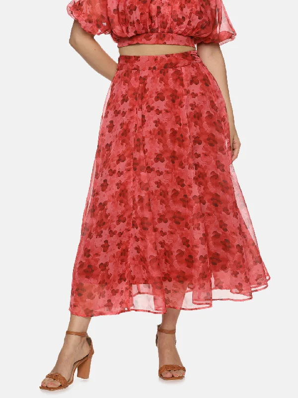 IS.U Floral Red Flared Midaxi Skirt wool skirt thick