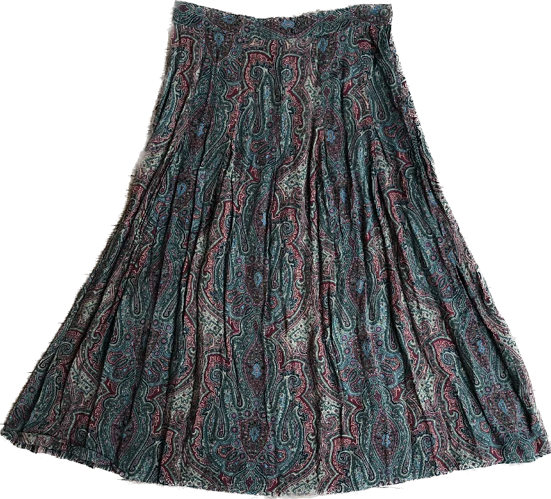 90s JG HOOK Green & Red Paisley Midi Skirt     W29 a-line skirt cut