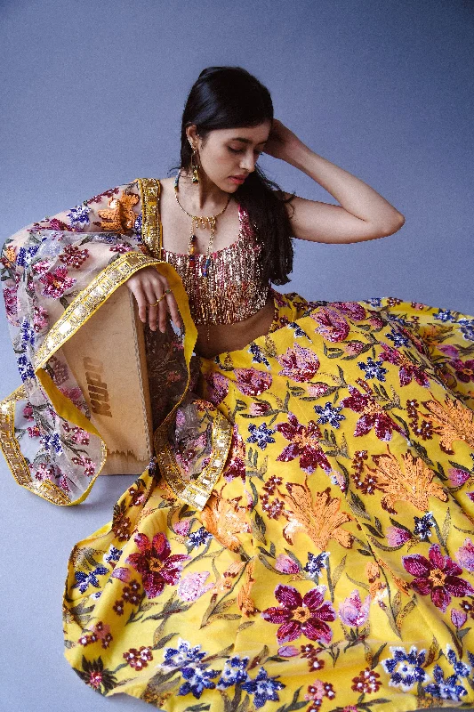 DEEPTI Yellow Floral Lehenga Skirt velvet skirt rich