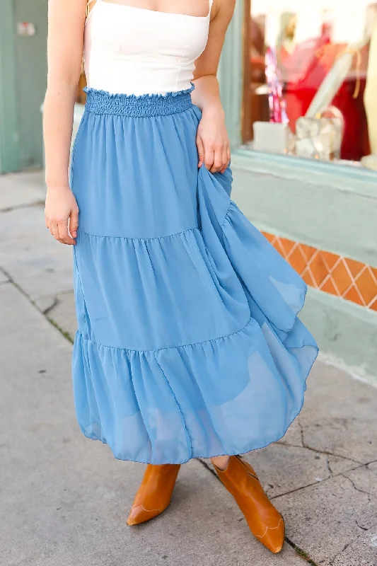 Maren Smocked Waist Tiered Chiffon Skirt button skirt front