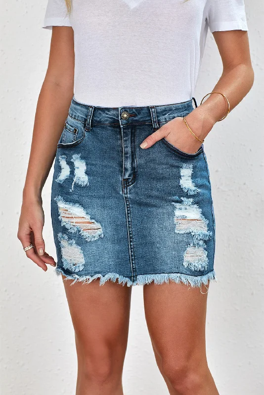 Distressed Raw Hem Denim Mini Skirt maxi skirt elegant