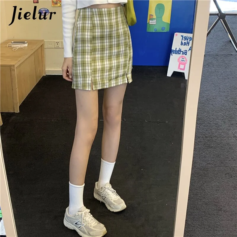 Jielur Plaid Summer Skirt 2020 New Jupe Femme Slim Skirt High Waist Mini Skirts Womens Split Blue Chic Skirt S-L button skirt front