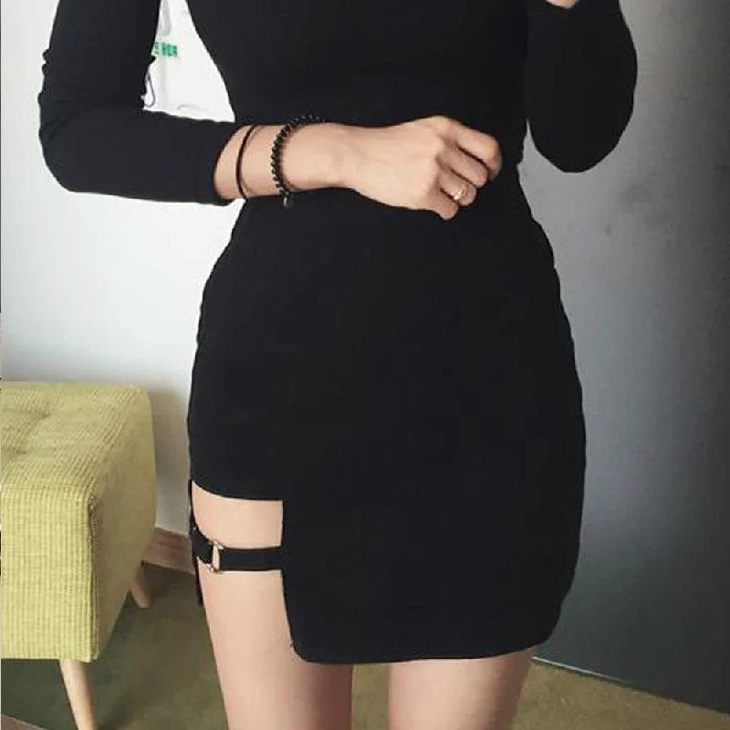 KLV Women Summer Harajuku Sexy Irregular High Waist Bandage Skirt Female Black Gothic Mini Bodycon Short Skirt Slim Clubwear denim skirt casual