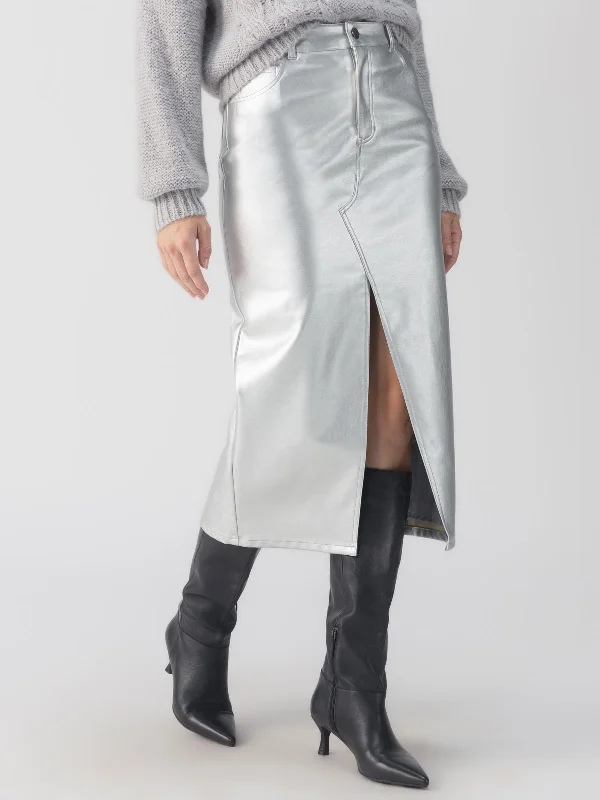 Leather Like Midi Skirt Silver zip skirt side