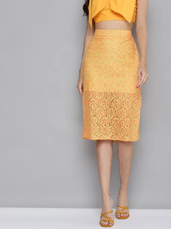 Women Yellow Lace Side Slit Skirt linen skirt light