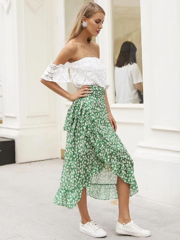 Ruffle Leaf Print Wrap Skirt - Green casual skirt length