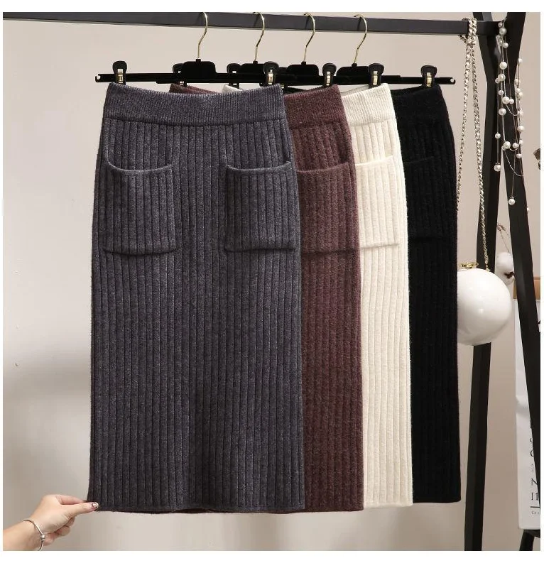 Thick Split Knit Skirt Women Tight Elastic Bodycon Skirt Autumn Winter Mini Pencil Skirt with Pockets velvet skirt luxurious