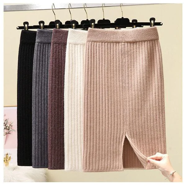 Thick Split Knit Skirt Women Tight Elastic Bodycon Skirt Autumn Winter Mini Pencil Skirt zip skirt side