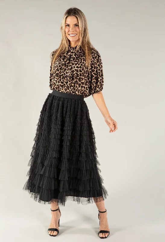 Tiered Ruffle Tulle Midi Skirt leather skirt sleek