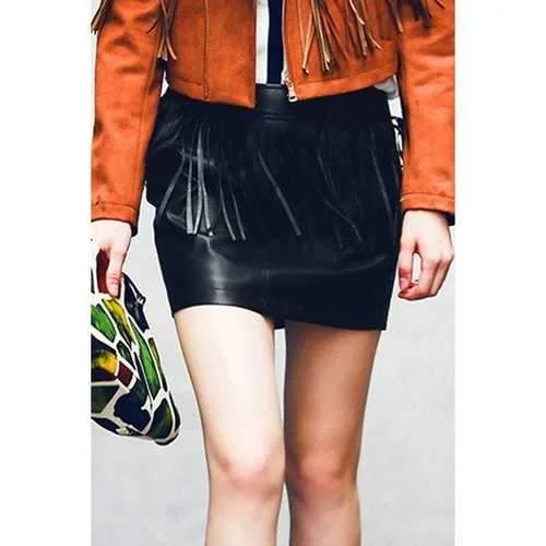 Chic Mid-Waisted Fringed Packet Buttocks Women's Faux Leather Skirt - Black L athletic skirt fit