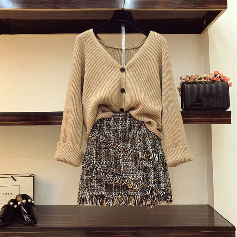 V-necked Cardigan Knitted Coat + High-waisted Tweed Skirt breathable skirt fabric