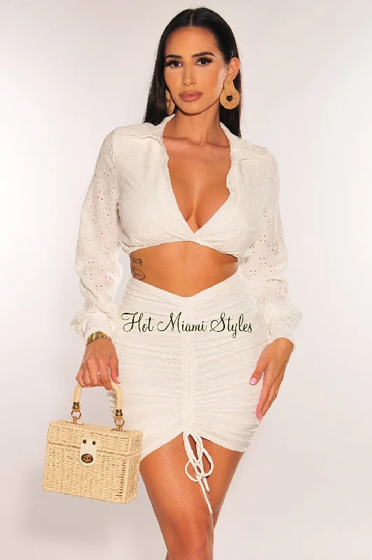 White Eyelet Embroidery Collared Long Sleeve Ruched Skirt Two Piece Set lace skirt feminine