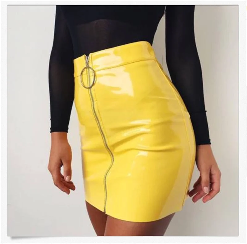 Women Fashion High Waist Skirt Sexy Zip Faux Leather Short Pencil Bodycon Mini Skirt 2019 New Solid White Skirt velvet skirt rich