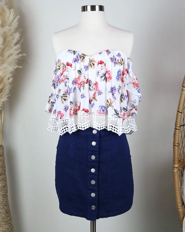 Woven Button Up Essential Denim Mini Skirt with Front Pockets in Navy corduroy skirt comfortable