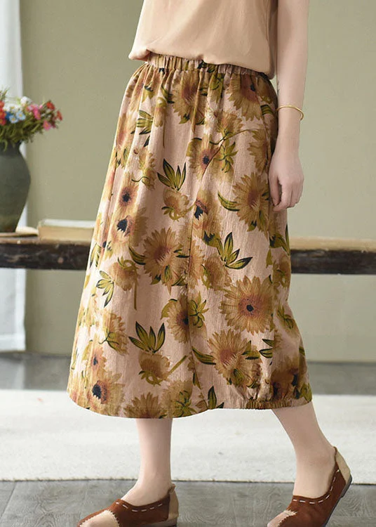 Yellow Floral Print Linen A Line Skirts Pockets Print Summer silk skirt sleek